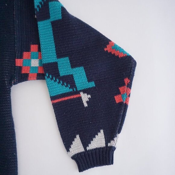 Vintage '80s B.E-Z Navy Teal Aztec Biggie Cosby Chunky Knit Crewneck Sweater L - Picture 9 of 9
